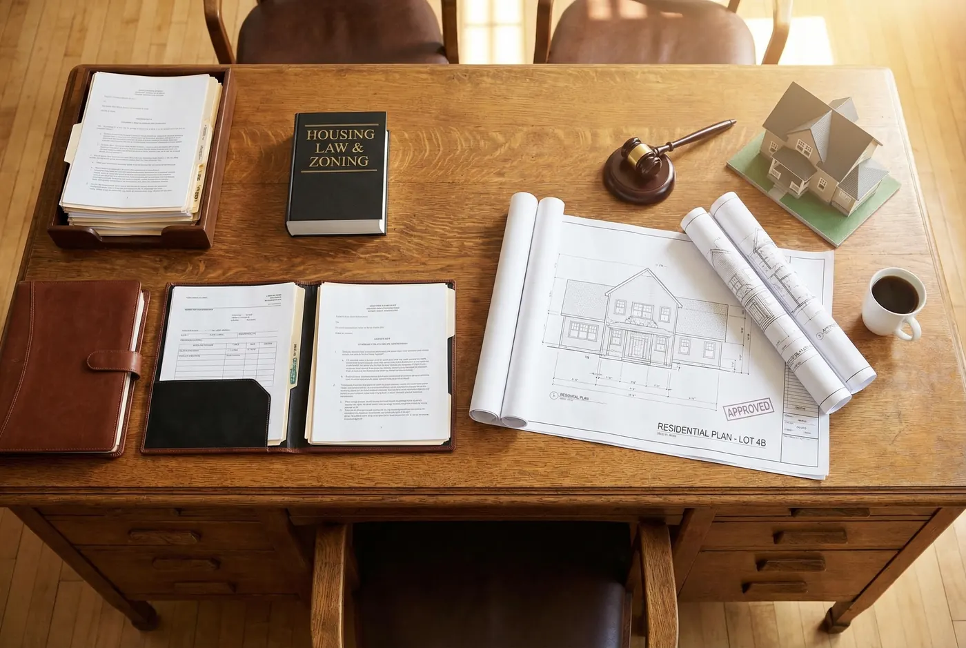 Documentos legales y planos arquitectónicos sobre una mesa de madera, representando el marco normativo y la planificación de vivienda