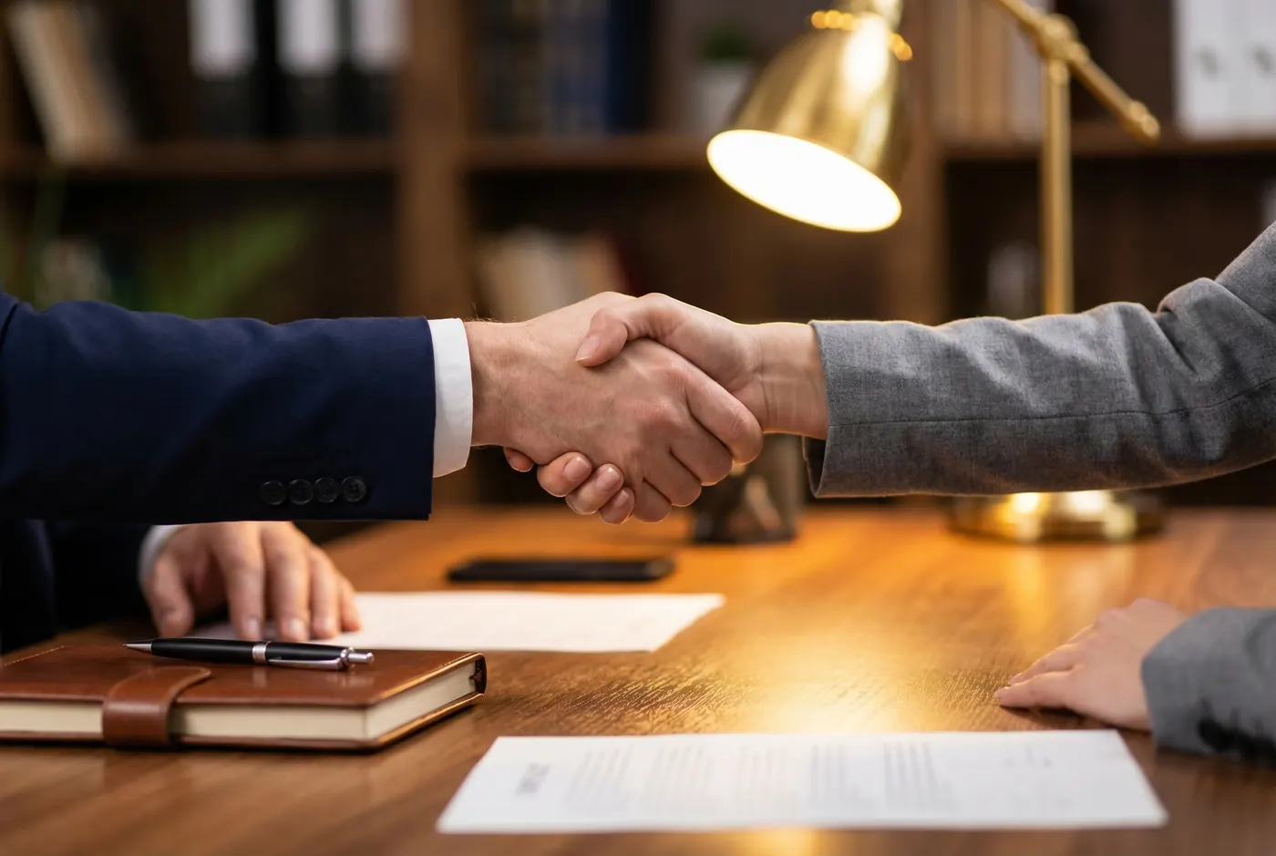Apretón de manos entre dos profesionales, representando la ética profesional y la colaboración interinstitucional